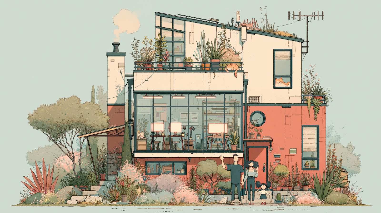 The Uchi Labs house-studio: a cozy home that is secretly a design lab, a ginger cat asleep in the window, and the founding family of three waving in the garden.