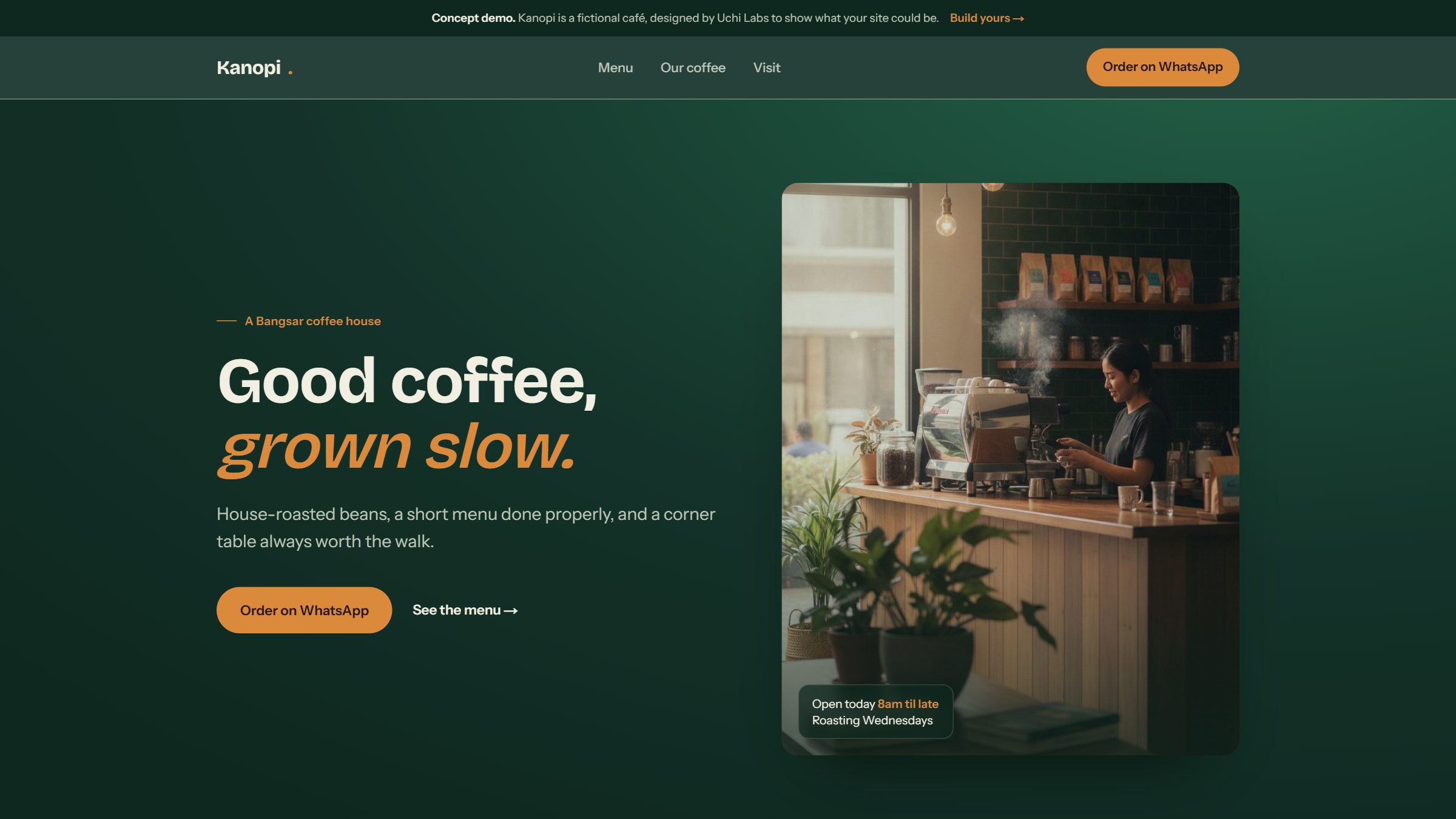 The homepage of Kanopi, a cafe & f&b website concept designed and built by Uchi Labs