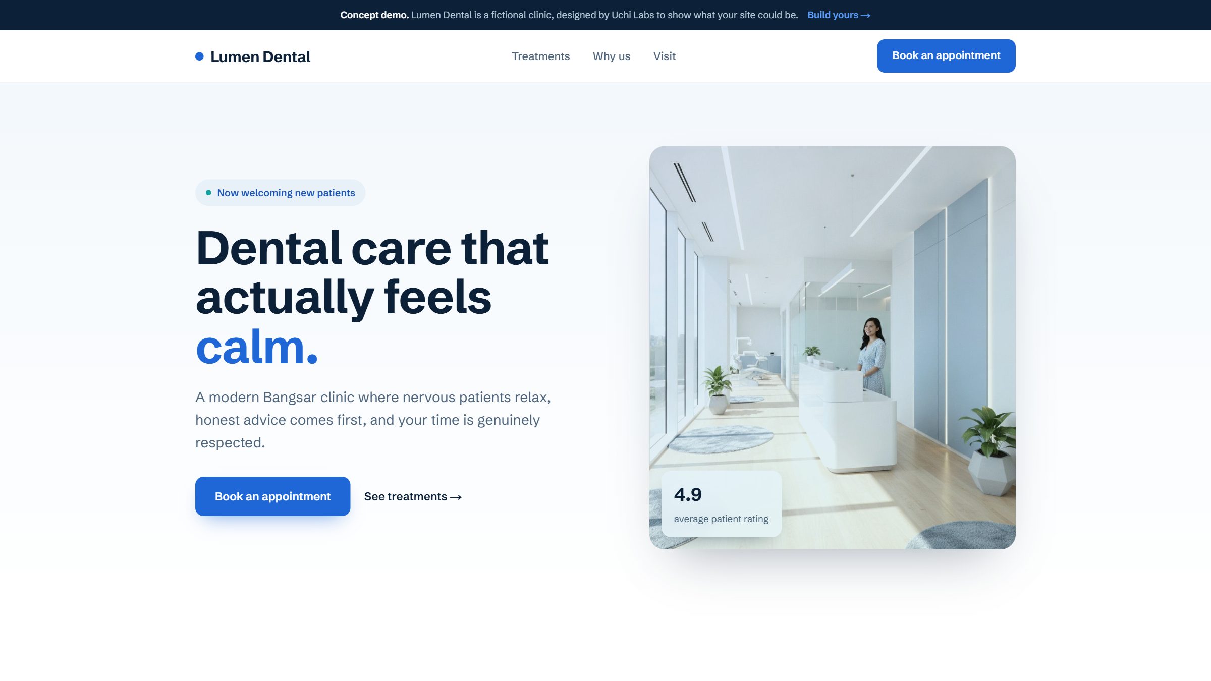 The homepage of Lumen Dental, a clinic & health website concept designed and built by Uchi Labs