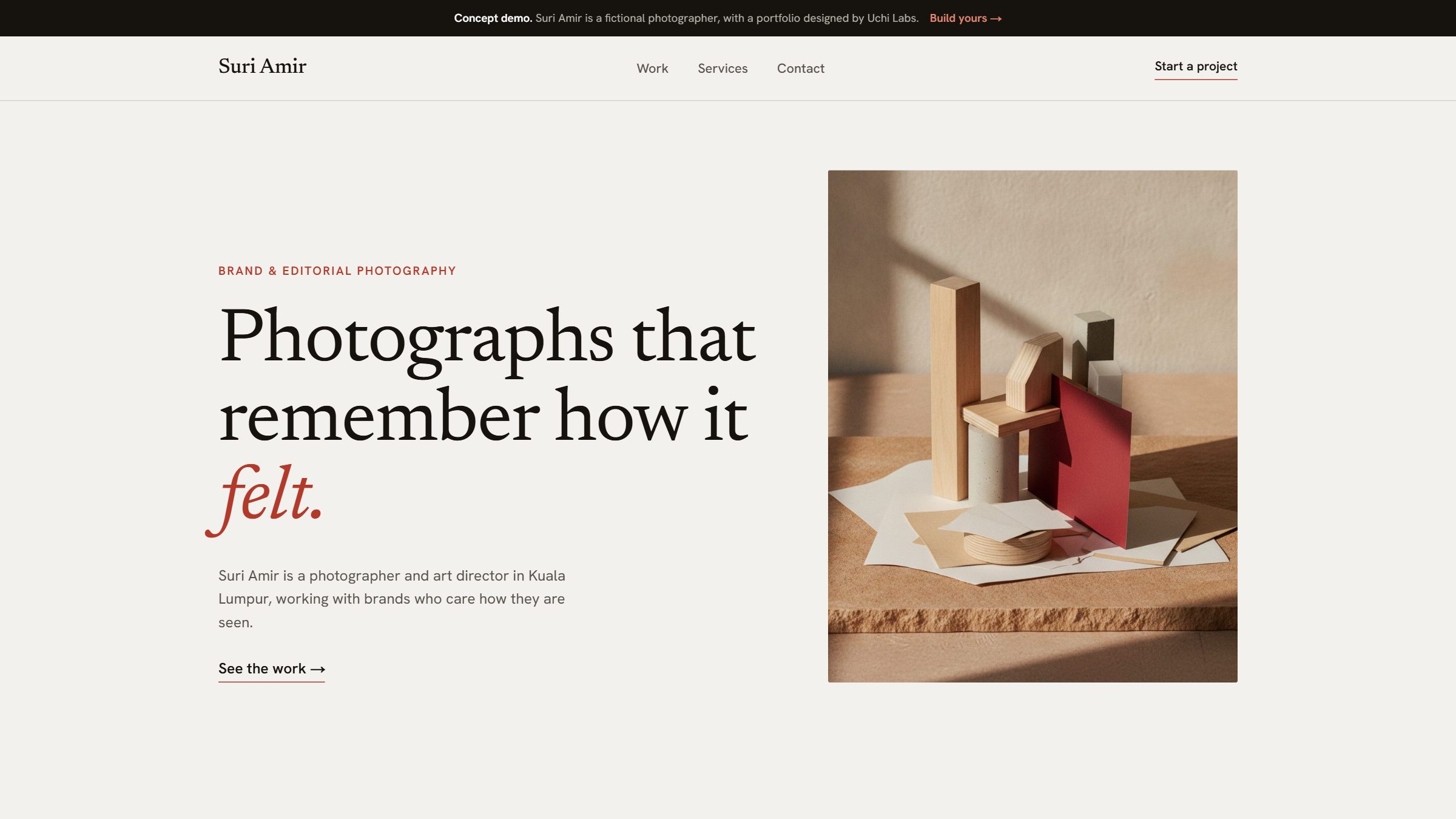 The homepage of Suri Amir, a portfolio & creative website concept designed and built by Uchi Labs