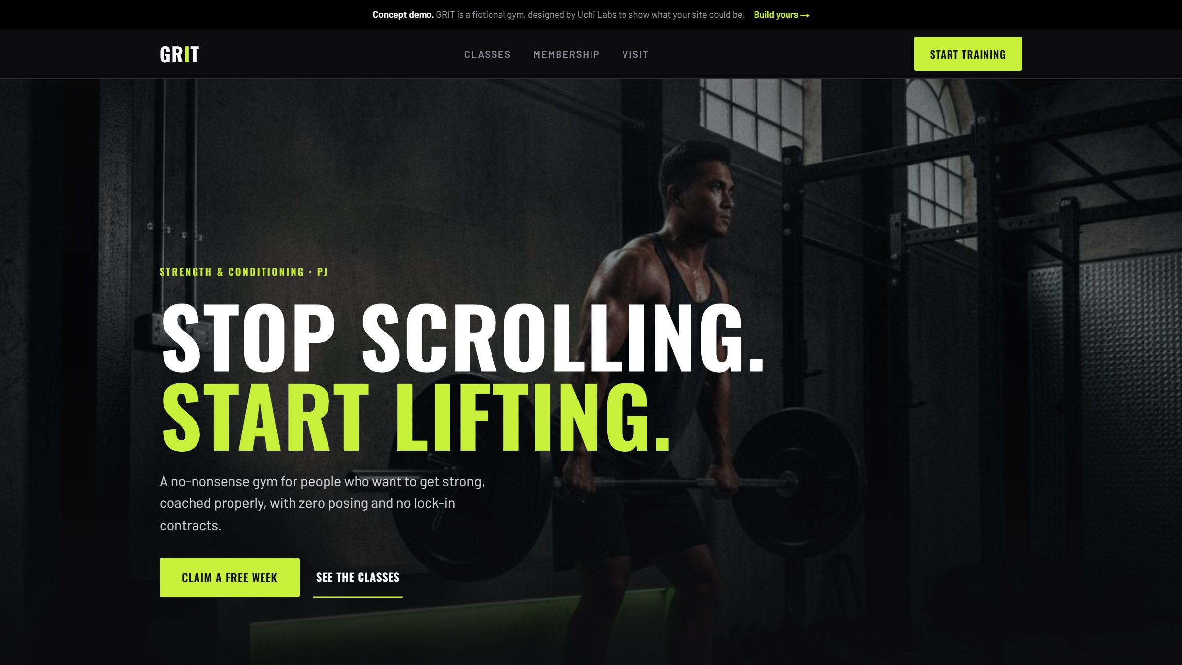 The homepage of GRIT, a gym & fitness website concept designed and built by Uchi Labs