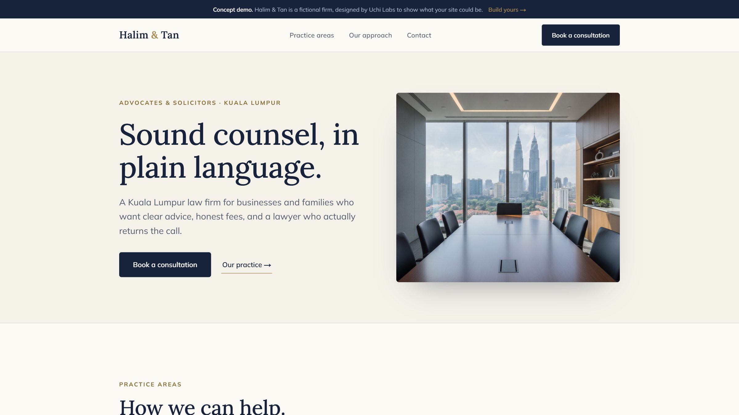 The homepage of Halim & Tan, a professional & legal website concept designed and built by Uchi Labs