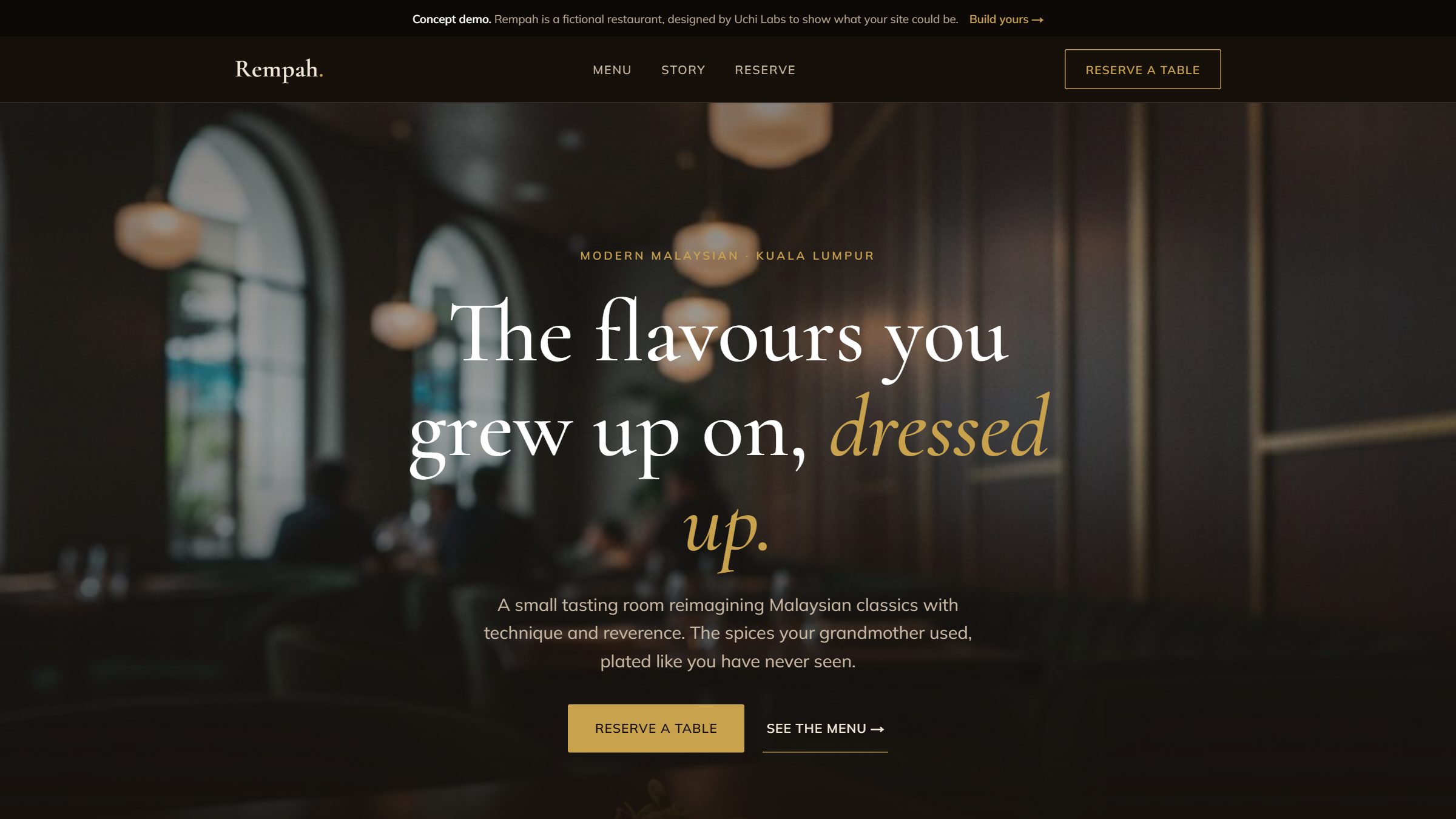 The homepage of Rempah, a restaurant & dining website concept designed and built by Uchi Labs