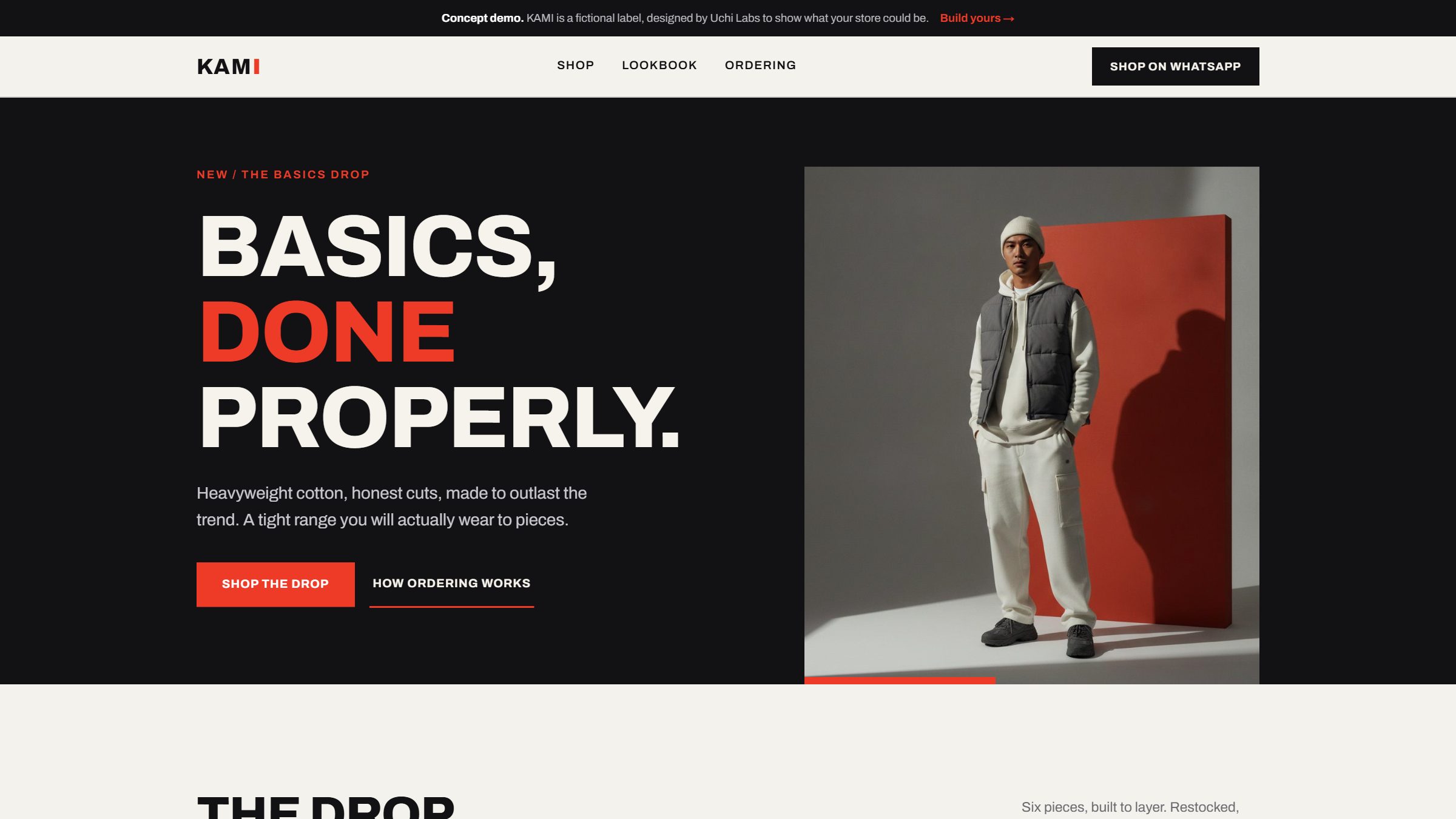 The homepage of KAMI, a shop & store website concept designed and built by Uchi Labs