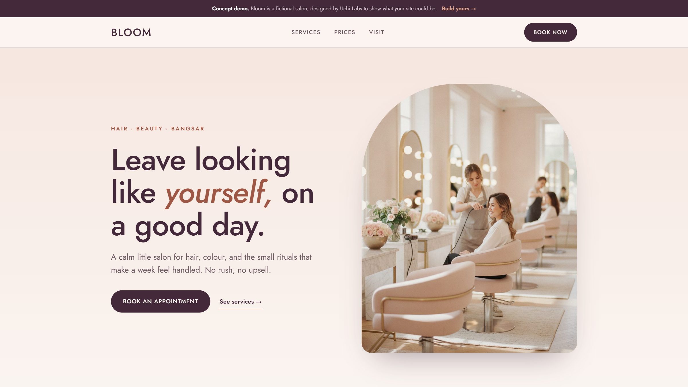 The homepage of Bloom, a salon & beauty website concept designed and built by Uchi Labs