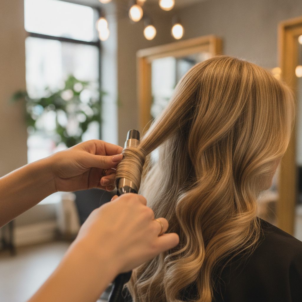 A stylist finishing soft waves at Bloom
