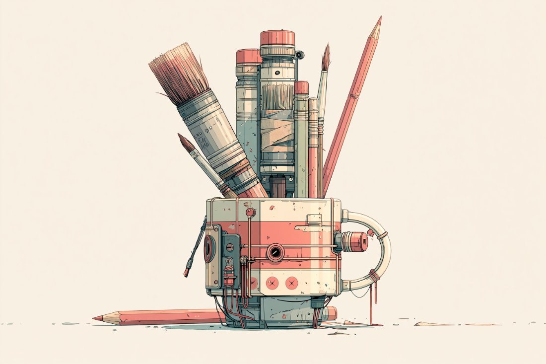 A cozy ceramic cup holding a few well-loved paintbrushes and coloured pencils.