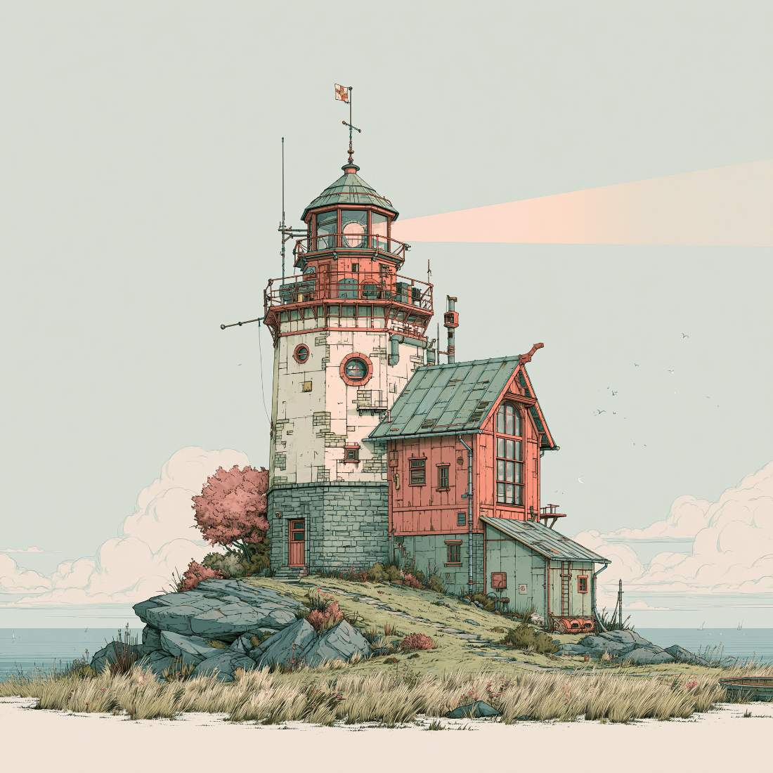 A cozy little lighthouse with a soft warm beam sweeping out into a calm sky.