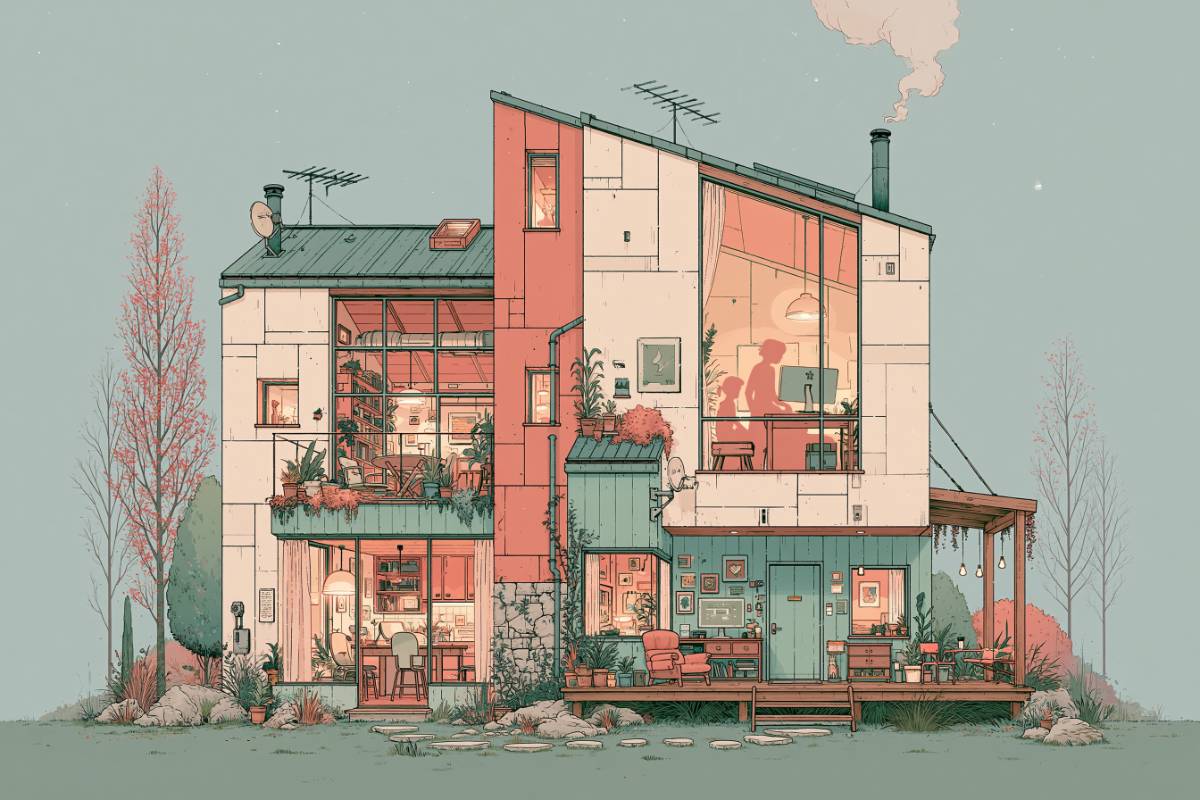 A cozy family home at dusk with warm lit windows, one glowing as a little design studio.