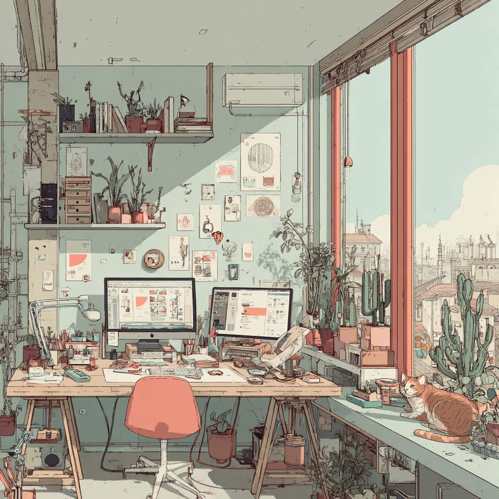 A cozy glass-walled home design studio interior, a glowing monitor with colourful work, and a ginger cat asleep on a sunny windowsill in warm morning light.