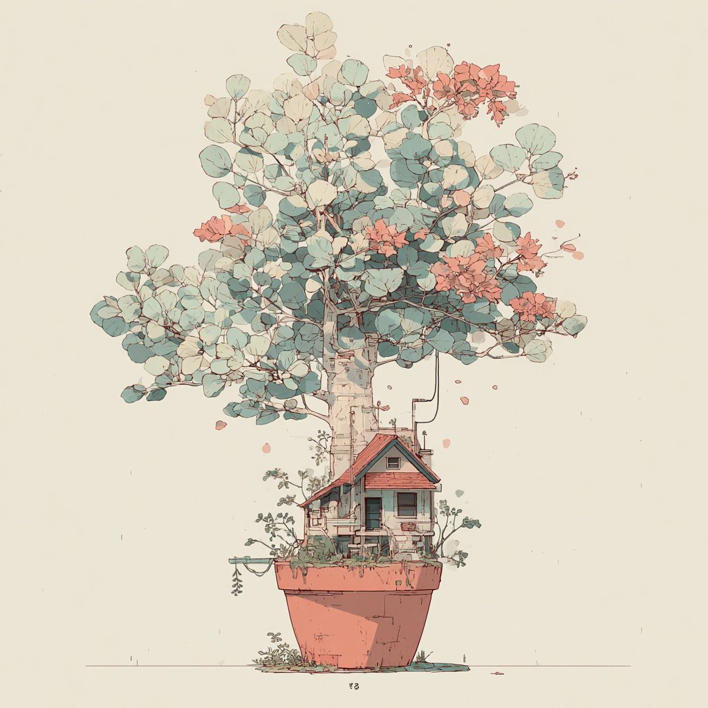 A small tree with soft coral and sage leaves growing from a terracotta pot, with a tiny cozy house and garden nestled at the base of its trunk.