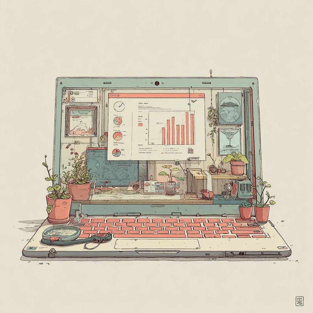 One simple laptop showing a cozy website ranking number one, with a small magnifying glass and a tiny rising bar chart beside it.