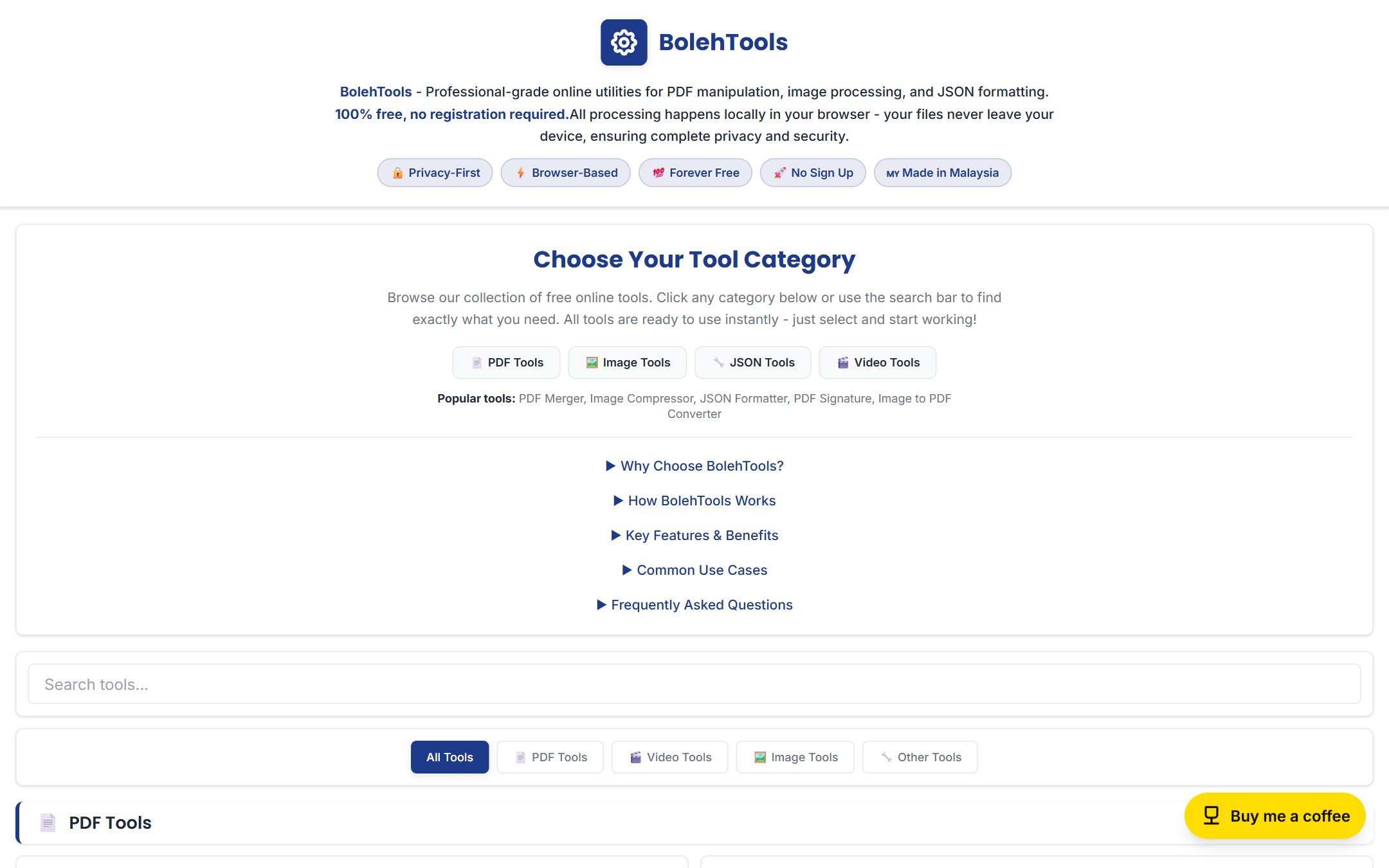 The BolehTools home page: a clean blue and white hub with PDF, image, JSON, and video tool categories and a search bar.