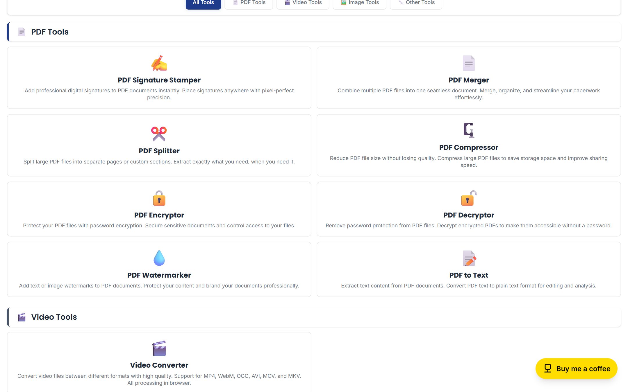 The BolehTools tool grid, PDF tools laid out as tidy cards: signature stamper, merger, splitter, compressor, encryptor, and more.