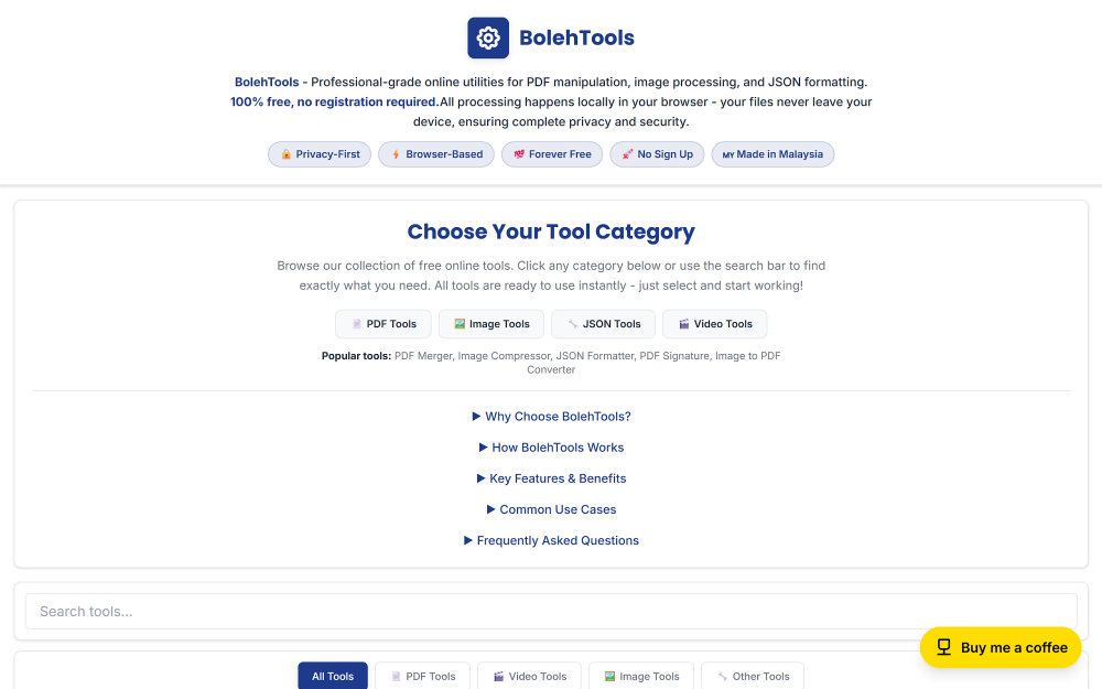 The BolehTools homepage: a clean, friendly utilities hub with a calm blue palette and rounded cards.
