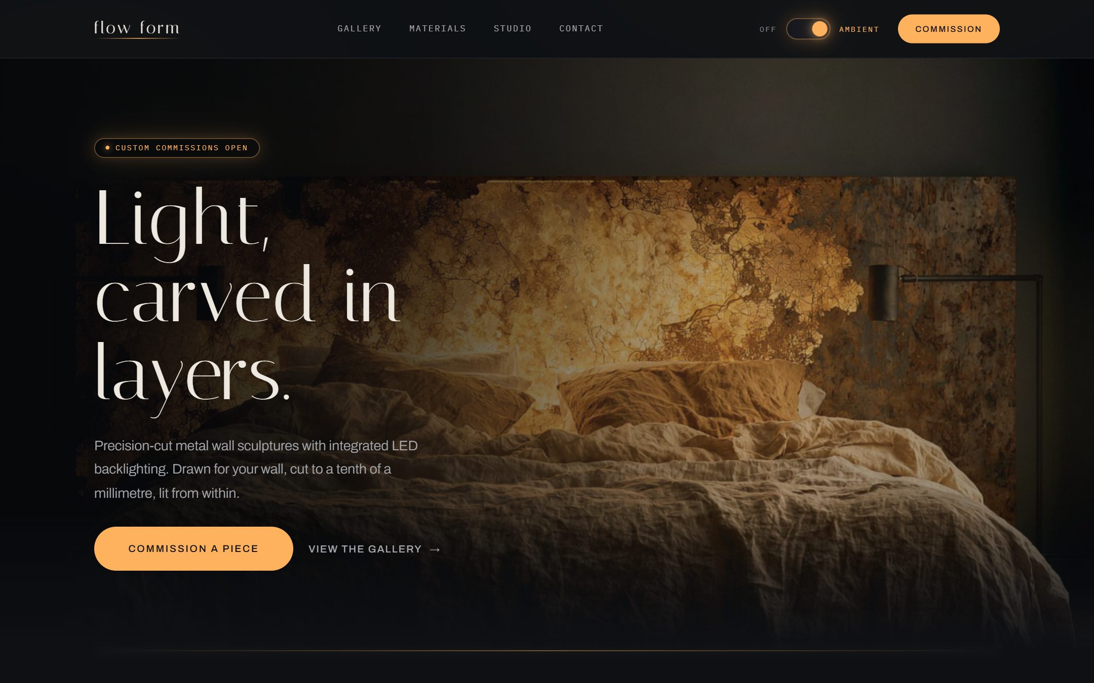 The flow form home page with ambient light on: a dark hero where a backlit metal wall sculpture glows warm over a bed.
