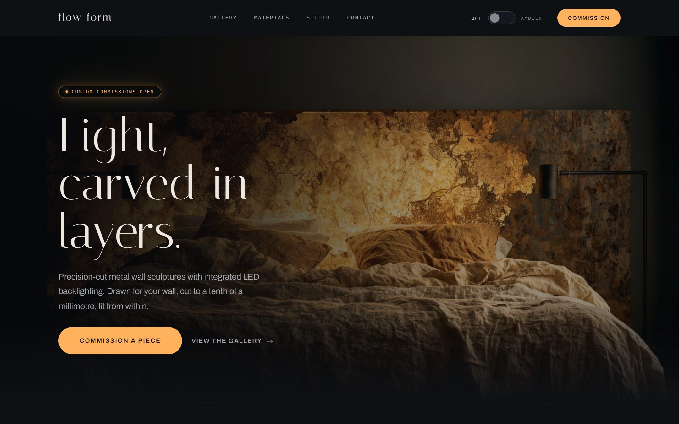 The flow form home page with ambient light off: the same hero dimmed, the sculpture reading as raw metal.