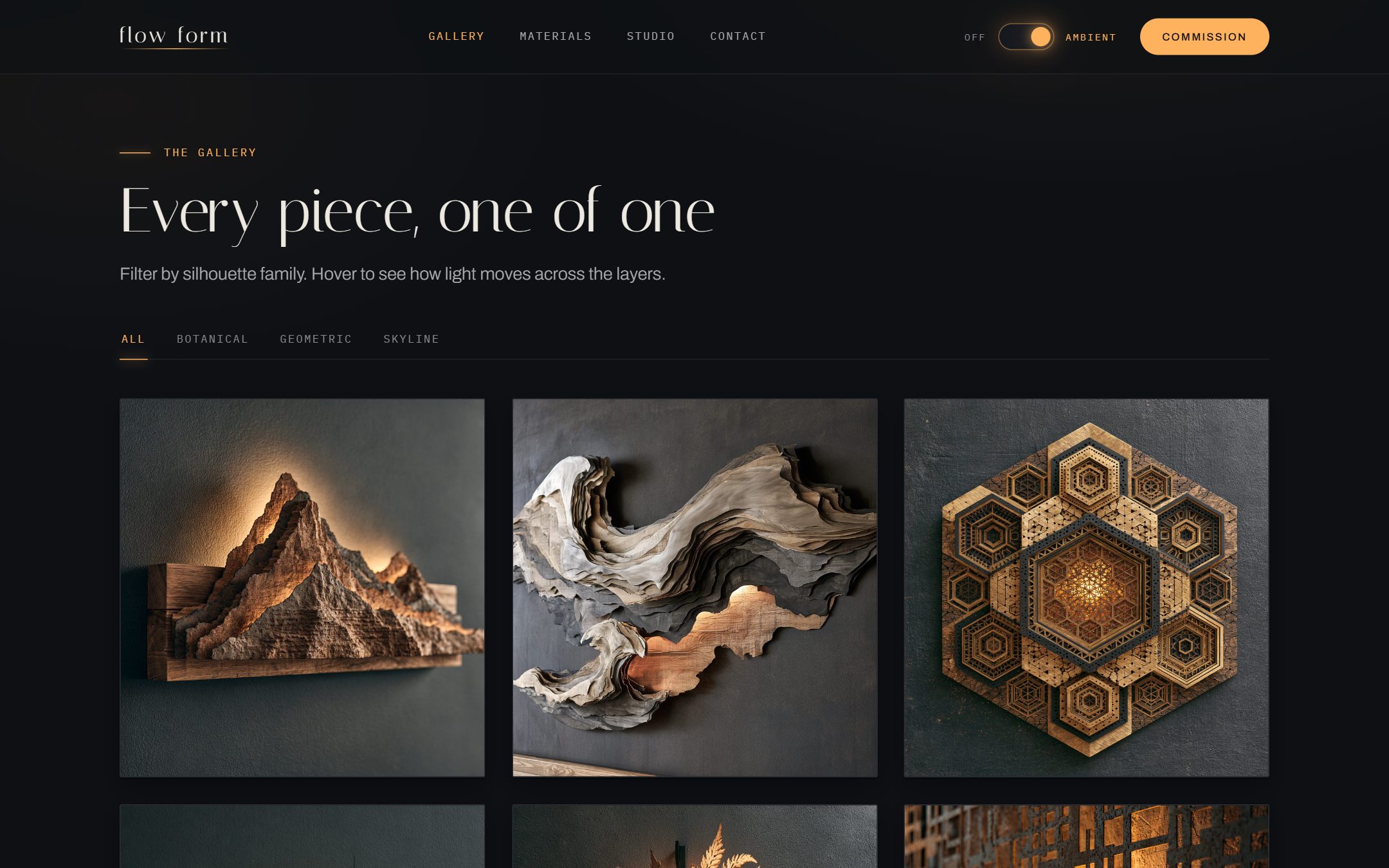 The flow form gallery: a dark grid of metal wall sculptures with silhouette-family filters for botanical, geometric, and skyline.
