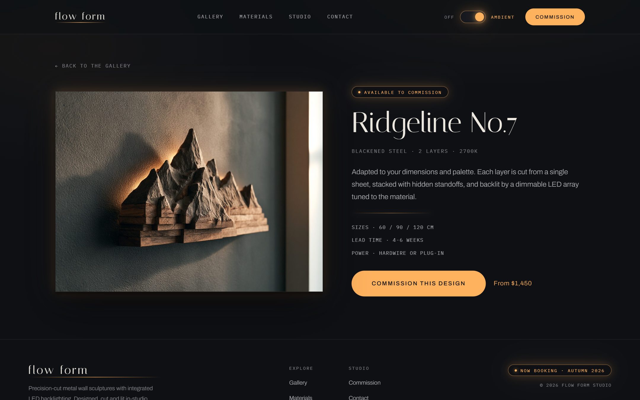 A flow form piece page, Ridgeline No.7: a large product image beside material specs and a commission button.