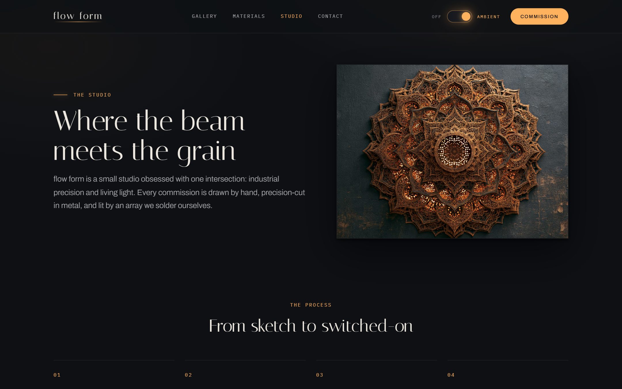 The flow form studio page: an ornate backlit mandala sculpture beside the studio story and process steps.