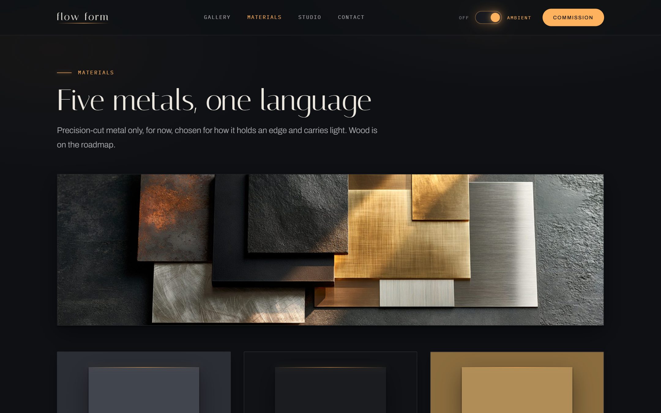 The flow form materials page: a flatlay of five brushed and blackened metal finishes.